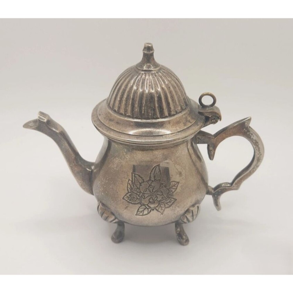 Vintage Moroccan Silver-plated Brass Floral Teapot with Feet 4.5" Handcrafted